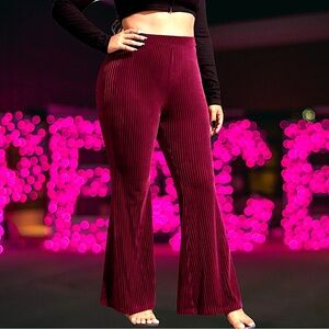 Women’s plus-size Magenta velvet high-rise ribbed stretchy Flared Pants❤️❤️3X